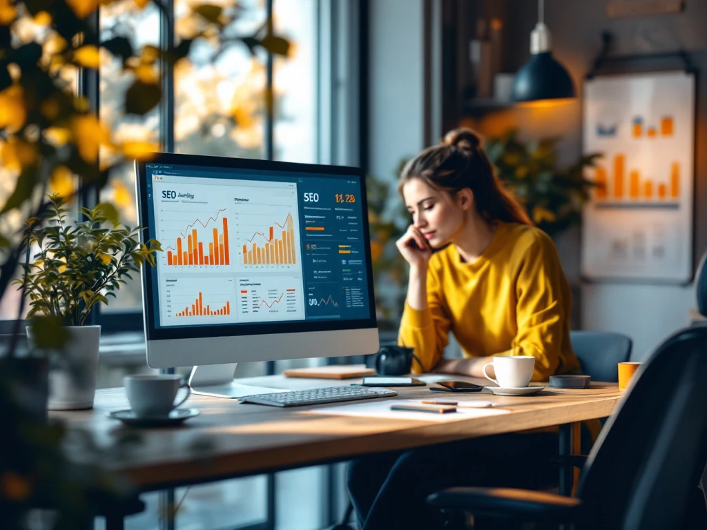 Ergonomische werkplek met computerscherm dat SEO-analysegrafieken toont, notitieblok met sitemap en smartphone met analysetool in een licht kantoor.