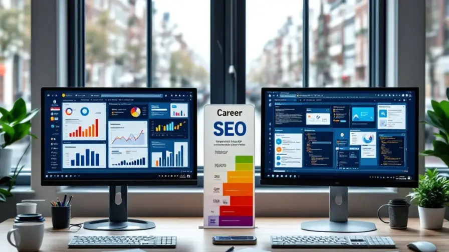 Professioneel bureau met junior en medior SEO-werkplekken, carrièreladder infographic en uitzicht op Amsterdamse gracht in Search-On kleuren.