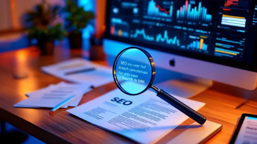 Professionele SEO-werkruimte met monitor vol analytics, houten bureau met vergrootglas boven vacature, smartphone en tablet met zoekwoordonderzoek en een plantje.