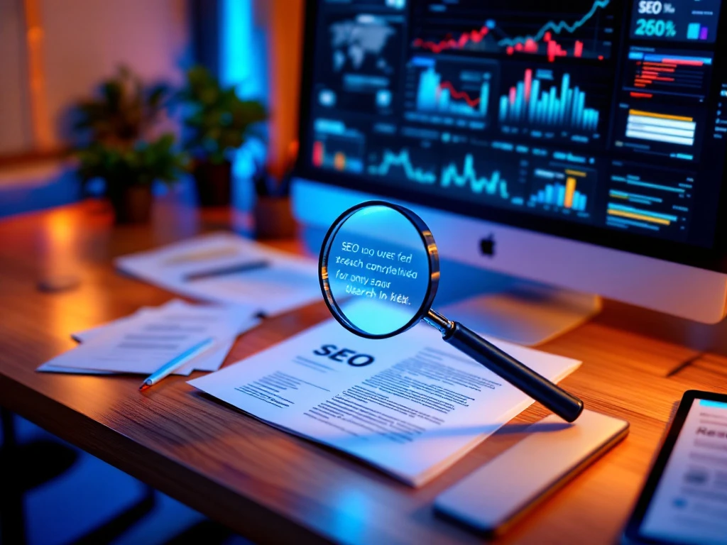 Professionele SEO-werkruimte met monitor vol analytics, houten bureau met vergrootglas boven vacature, smartphone en tablet met zoekwoordonderzoek en een plantje.
