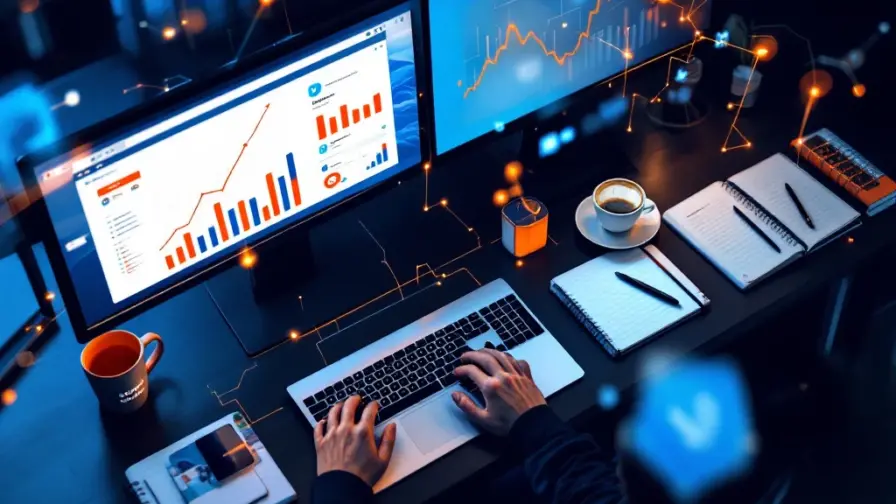 Professionele werkplek vanuit vogelperspectief met schermen voor LinkedIn, Twitter en Reddit. Handen typen terwijl analytics omhoog gaan. Search-On koffiemok en digitale verbindingen zichtbaar.