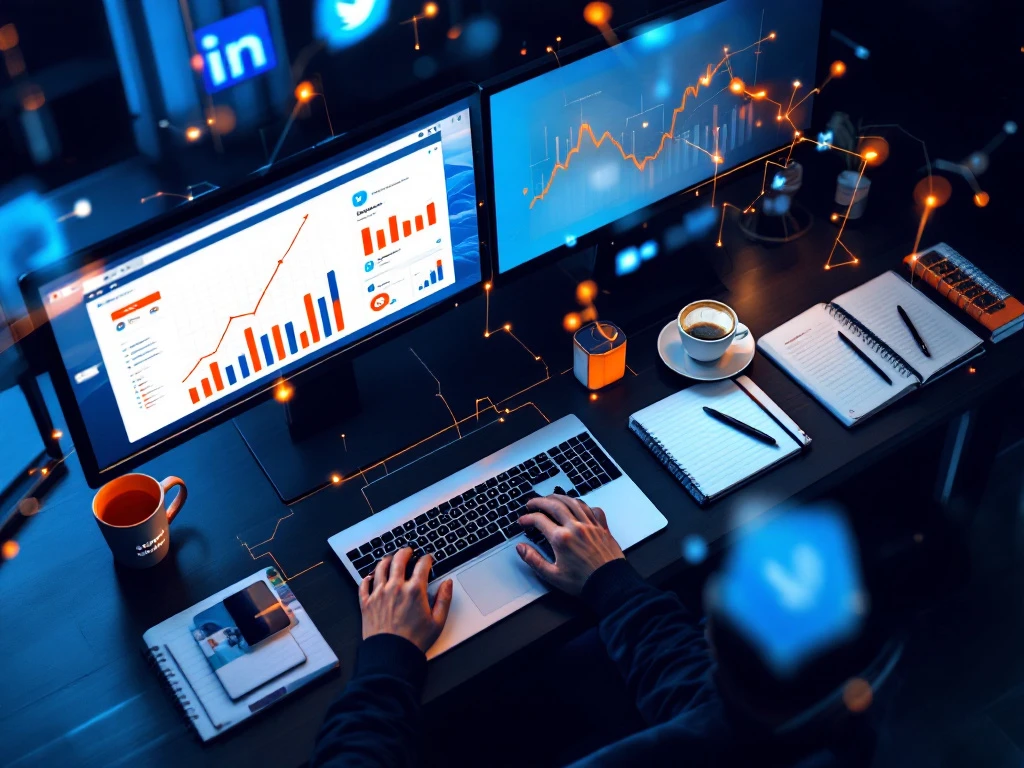 Professionele werkplek vanuit vogelperspectief met schermen voor LinkedIn, Twitter en Reddit. Handen typen terwijl analytics omhoog gaan. Search-On koffiemok en digitale verbindingen zichtbaar.
