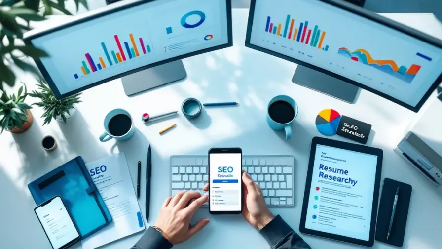 Professionele SEO-werkplek met analyticsdashboards op monitoren, smartphone met SEO Specialist vacature, CV-map en zoekwoordonderzoek op tablet.