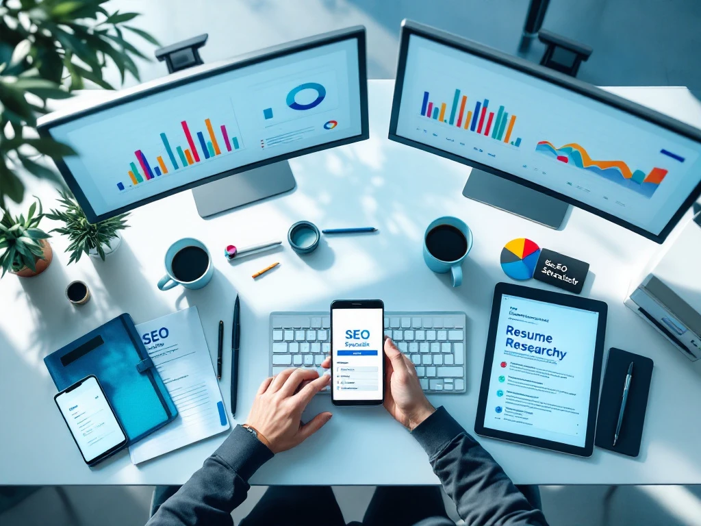 Professionele SEO-werkplek met analyticsdashboards op monitoren, smartphone met SEO Specialist vacature, CV-map en zoekwoordonderzoek op tablet.