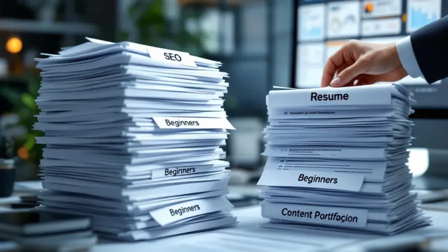 Professionele hand kiest kleine kwalitatieve SEO-portfolio boven grote stapel cv's in modern kantoor met zoekranglijsten op computerscherm