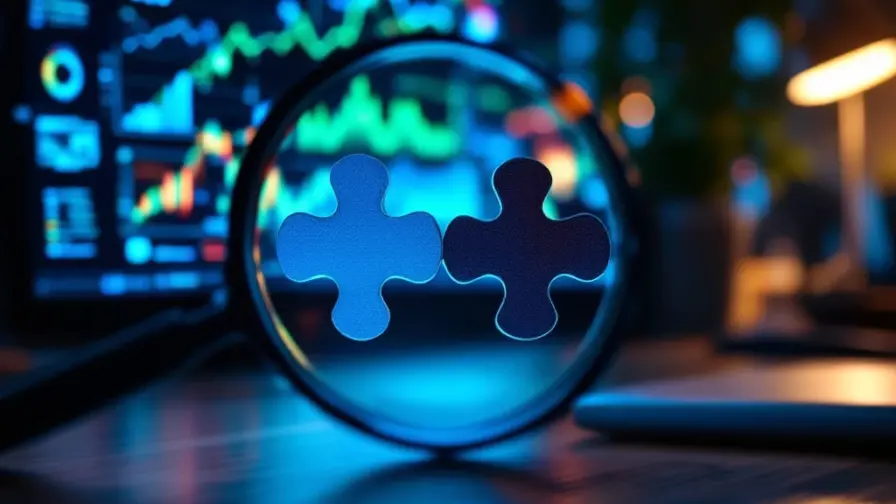 Professionele werkruimte met vergrootglas boven SEO-analyses en twee puzzelstukken die een bedrijf en specialist verbinden, met netwerk op achtergrond.