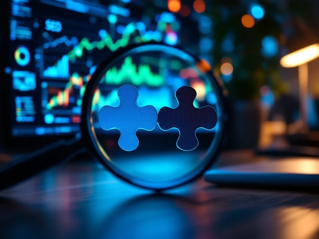 Professionele werkruimte met vergrootglas boven SEO-analyses en twee puzzelstukken die een bedrijf en specialist verbinden, met netwerk op achtergrond.