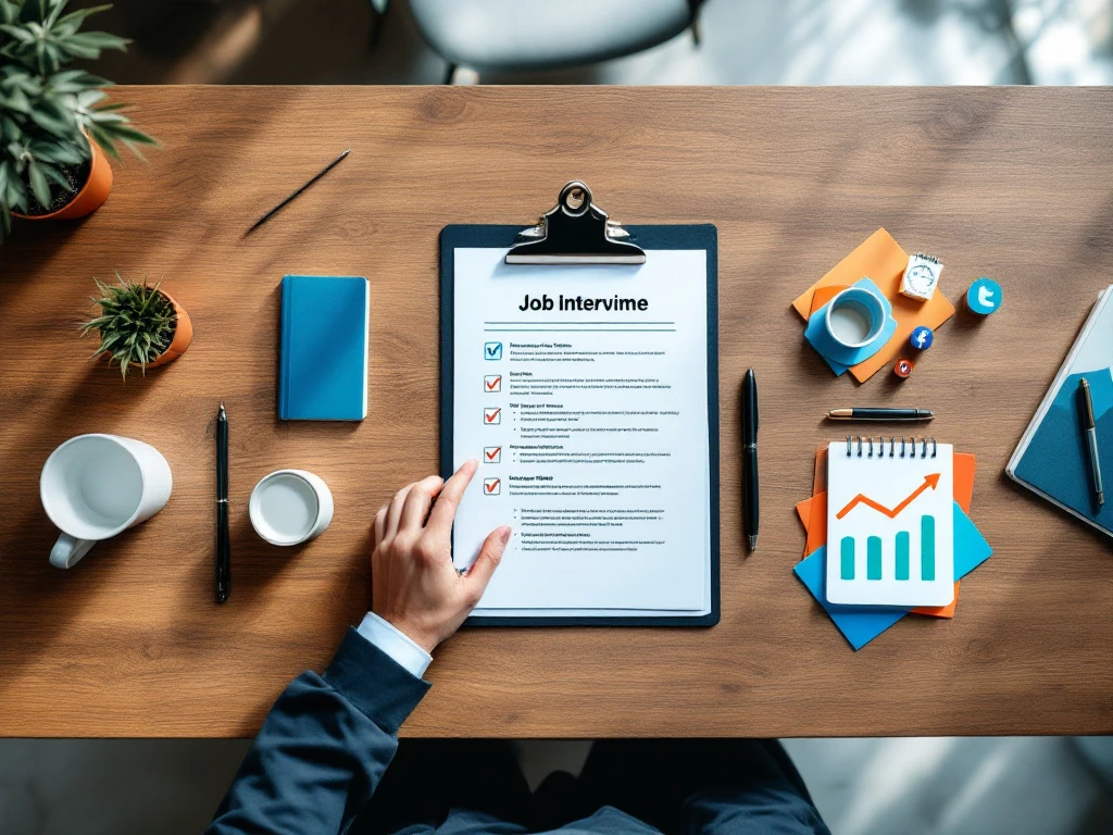 Professioneel bureau met sollicitatiedocumenten en marketingmateriaal. Een hand reikt naar klembord met CV, naast grafieken en social media-iconen in een modern kantoor.
