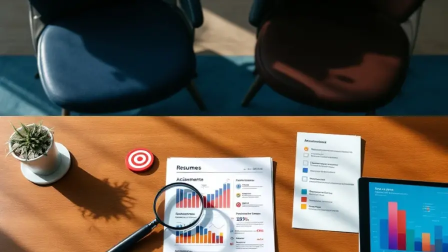 Professioneel bureau met interviewopstelling, twee stoelen, cv met prestaties, grafische resultaten en marketingdashboard op tablet