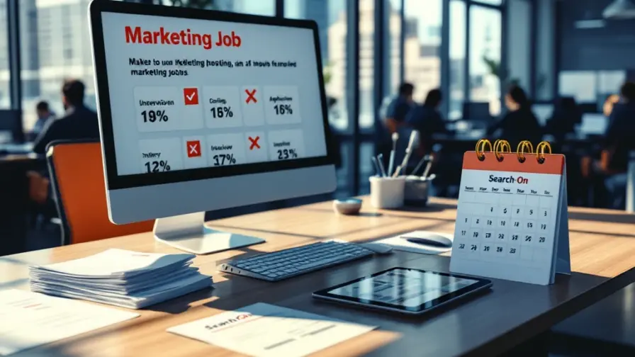 Leeg bureau bij Search-On met marketingvacature op scherm, onbeoordeelde cv's, dalende sollicitatiestatistieken en een ongebruikte ID-badge in zakelijk kantoor.