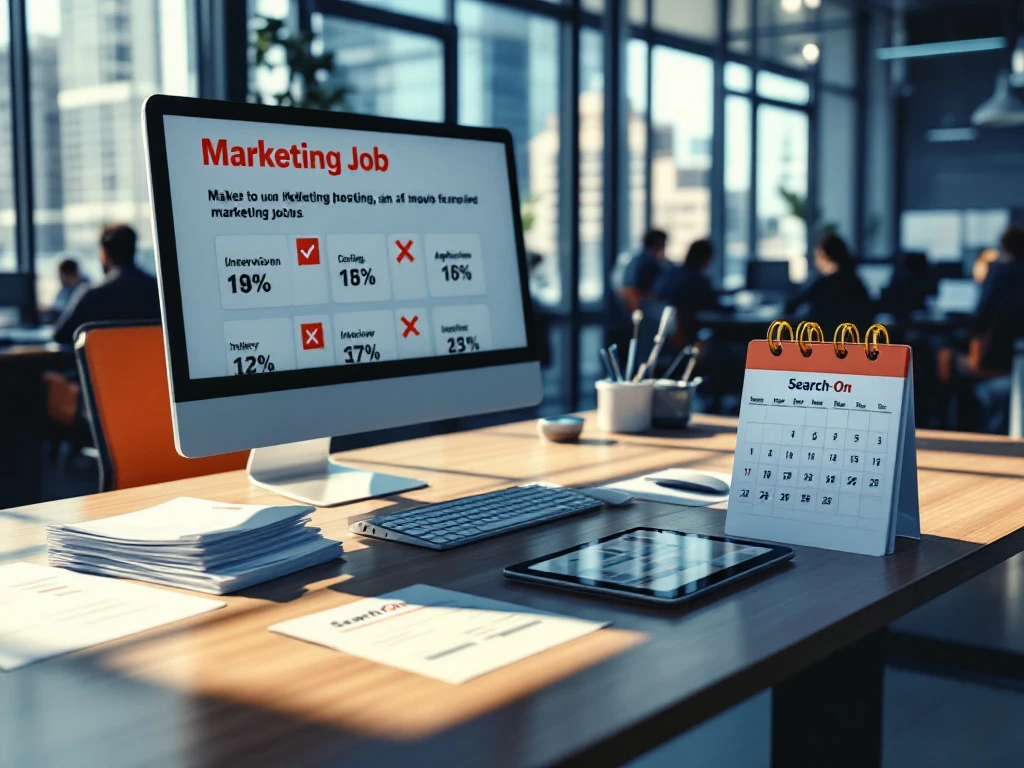 Leeg bureau bij Search-On met marketingvacature op scherm, onbeoordeelde cv's, dalende sollicitatiestatistieken en een ongebruikte ID-badge in zakelijk kantoor.