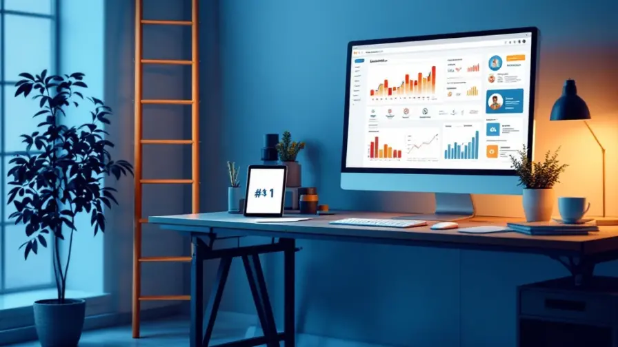 Moderne werkplek met SEO-dashboard en stijgende grafieken. CV's en vacatureformulier op bureau met symbolische ladder naar #1 zoekpositie. Search-On kleurenpalet in blauwtinten.