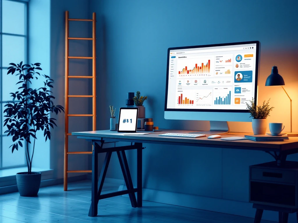 Moderne werkplek met SEO-dashboard en stijgende grafieken. CV's en vacatureformulier op bureau met symbolische ladder naar #1 zoekpositie. Search-On kleurenpalet in blauwtinten.