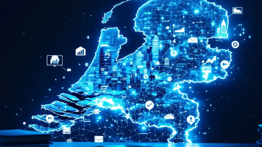 Nederlandse kaart met verlichte werkdichtheidsgebieden; Randstad het helderst, kantoorgebouwen in belangrijke steden, recruitmentbureau op voorgrond