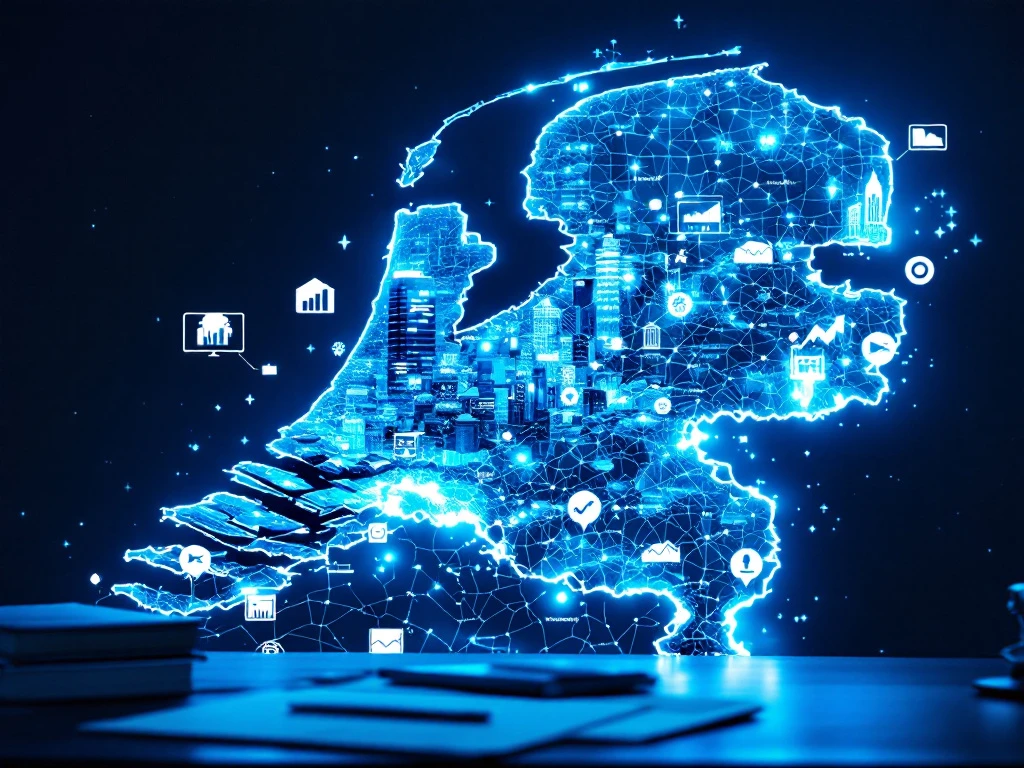 Nederlandse kaart met verlichte werkdichtheidsgebieden; Randstad het helderst, kantoorgebouwen in belangrijke steden, recruitmentbureau op voorgrond