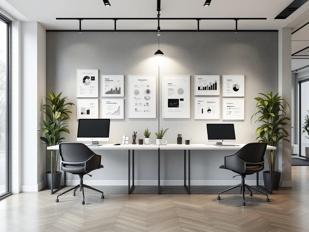 Moderne kantoorruimte met contrasterende werkplekken: traditioneel vast versus flexibel freelance, met symbolische weegschaal tussen beide.