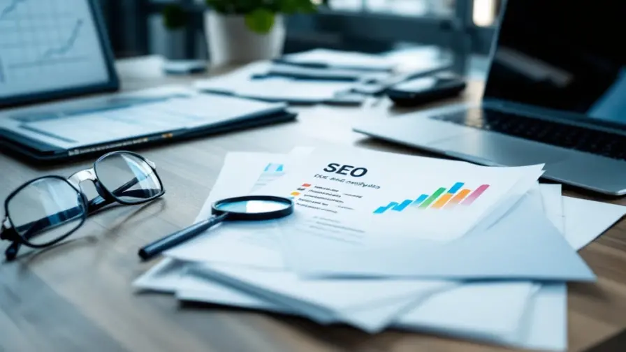 Professioneel bureau met netjes gerangschikte CV's, vergrootglas bij SEO-trefwoorden, laptop met analytics-grafieken en kandidaat-evaluatiematrix.