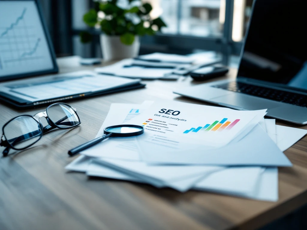 Professioneel bureau met netjes gerangschikte CV's, vergrootglas bij SEO-trefwoorden, laptop met analytics-grafieken en kandidaat-evaluatiematrix.