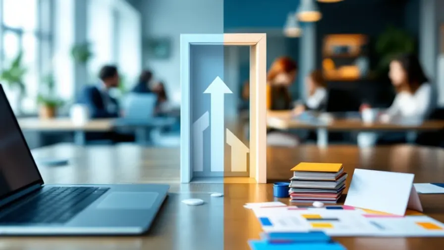 Moderne kantoorruimte die interne en externe werving voor marketingfuncties vergelijkt, met bedrijfsartikelen links en portfoliomateriaal rechts, verbonden door een symbolische deuropening.