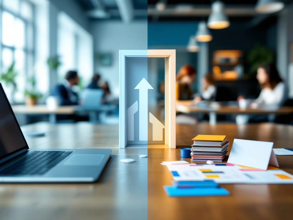 Moderne kantoorruimte die interne en externe werving voor marketingfuncties vergelijkt, met bedrijfsartikelen links en portfoliomateriaal rechts, verbonden door een symbolische deuropening.