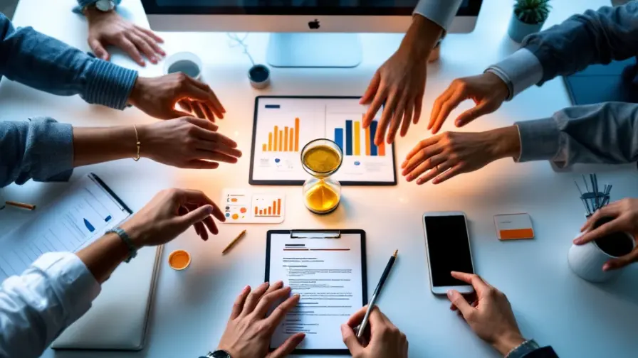 Professioneel bureau met computer en cv. Zandloper en marketinggrafieken. Handen reiken naar centrum, symboliseert werving en competitie.