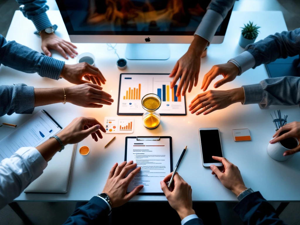 Professioneel bureau met computer en cv. Zandloper en marketinggrafieken. Handen reiken naar centrum, symboliseert werving en competitie.