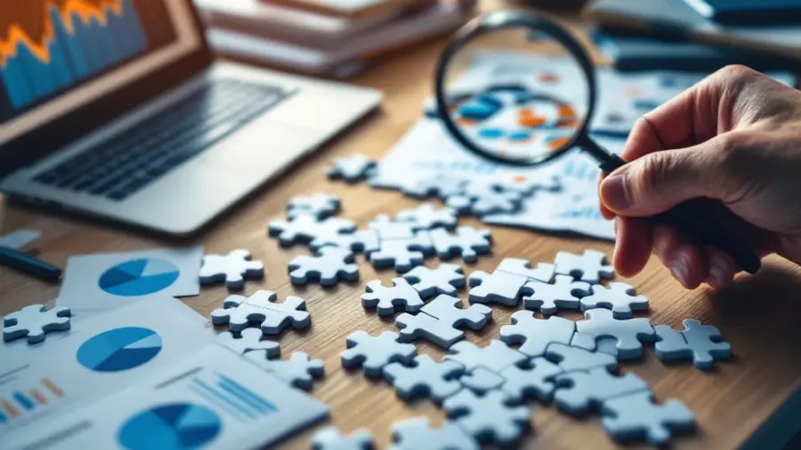Marketingrecruiteringsproces met niet-passende puzzelstukken, laptop met grafieken, cv's en een hand die met loep kandidaatprofielen onderzoekt.