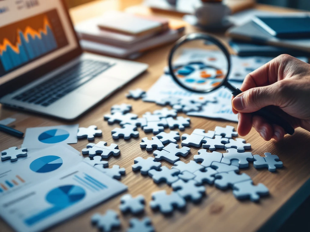 Marketingrecruiteringsproces met niet-passende puzzelstukken, laptop met grafieken, cv's en een hand die met loep kandidaatprofielen onderzoekt.