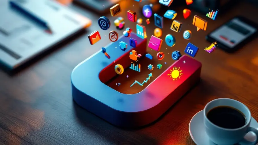 Moderne kantoorbureau met magneet die marketingtools aantrekt, symboliseert het werven van marketingtalent in professionele omgeving.