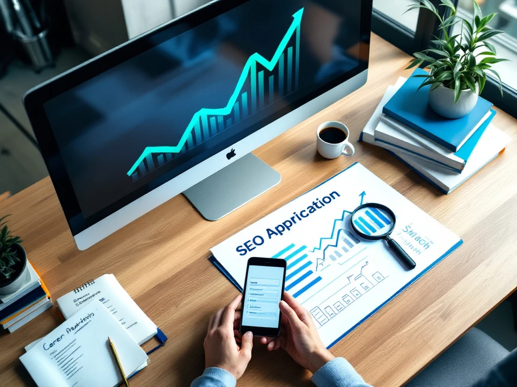 Professionele werkplek met analyticagrafiek, sollicitatieformulier en carrière-ladder. SEO-materialen, marketingboeken en notitieblok in een lichte kantooromgeving.