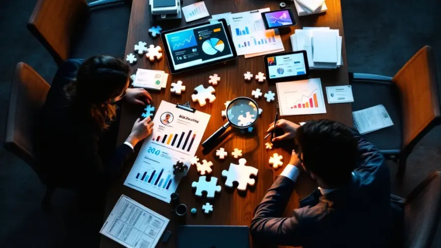 Sollicitatiegesprek aan vergadertafel met twee silhouetten, verspreid marketingmateriaal, CV onder vergrootglas, onpassende puzzelstukken en opvallende digitale vaardighedencertificaten.