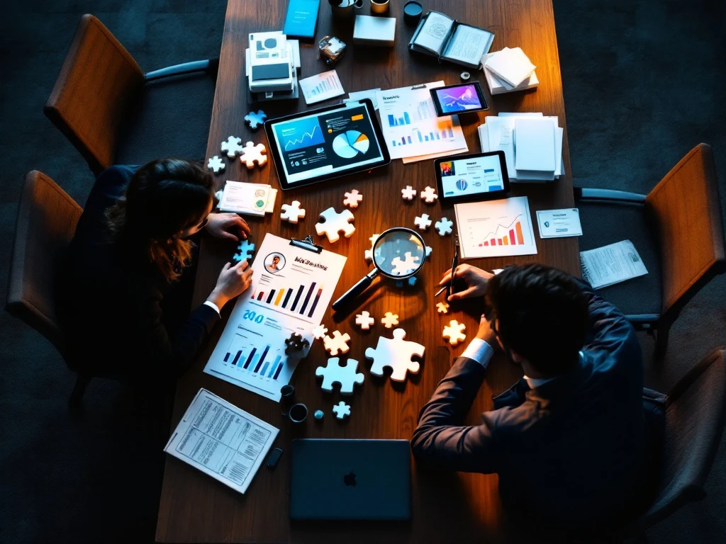 Sollicitatiegesprek aan vergadertafel met twee silhouetten, verspreid marketingmateriaal, CV onder vergrootglas, onpassende puzzelstukken en opvallende digitale vaardighedencertificaten.