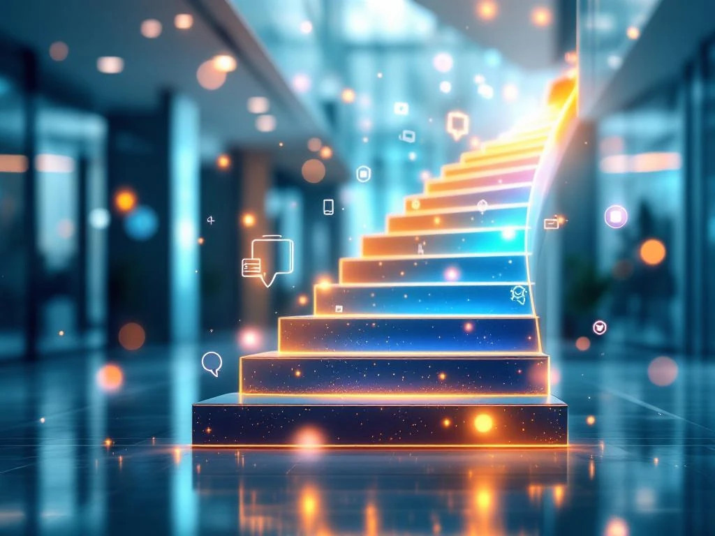 Glazen trap met verlichte treden in blauw en oranje, communicatie-iconen eromheen, symboliseert carrièregroei
