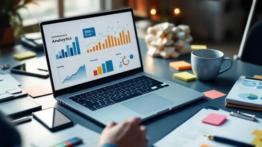 Moderne werkplek met laptop die communicatie-analytics toont, omringd door smartphone, notitieblok en koffie