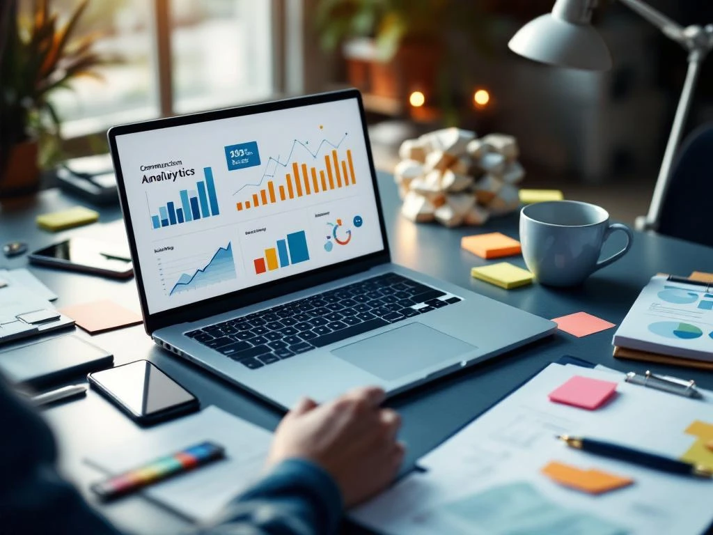 Moderne werkplek met laptop die communicatie-analytics toont, omringd door smartphone, notitieblok en koffie
