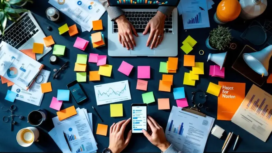 Bovenaanzicht van moderne werkplek communicatieconsultant met laptop, smartphones, analytics en strategiedocumenten