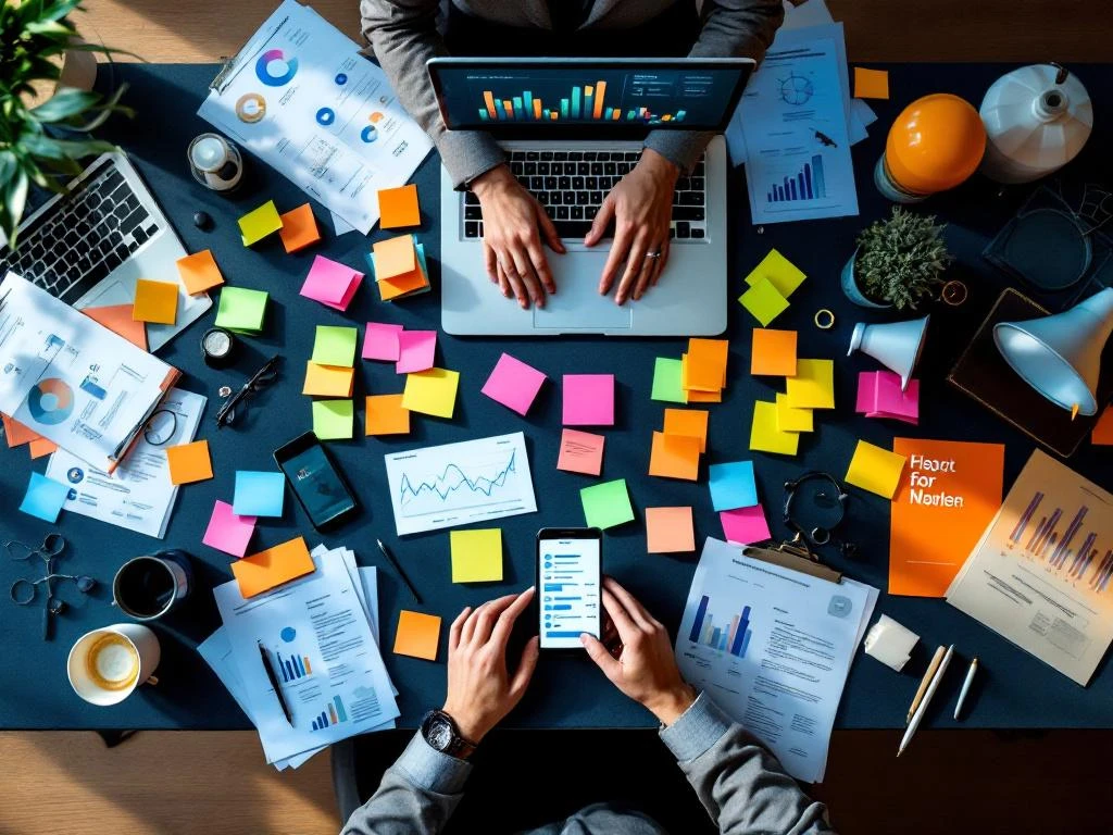 Bovenaanzicht van moderne werkplek communicatieconsultant met laptop, smartphones, analytics en strategiedocumenten