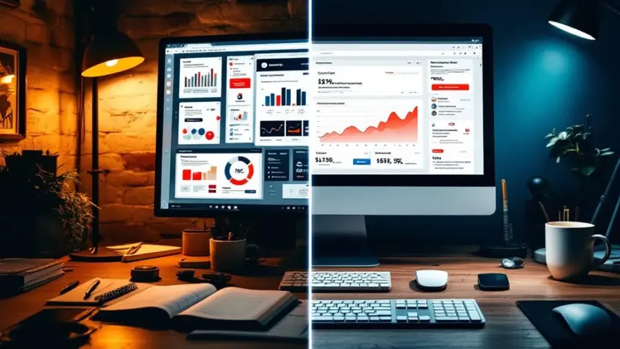 Split-screen werkruimten: content creator met meerdere schermen en analytics links, copywriter met verkoopteksten rechts