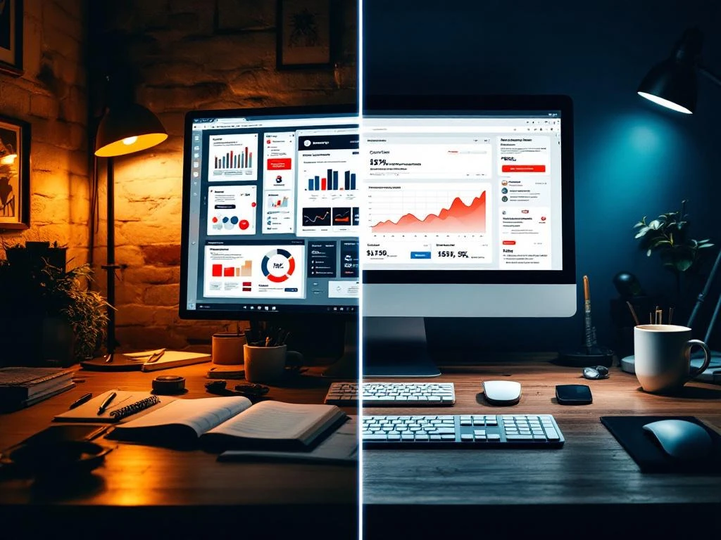 Split-screen werkruimten: content creator met meerdere schermen en analytics links, copywriter met verkoopteksten rechts