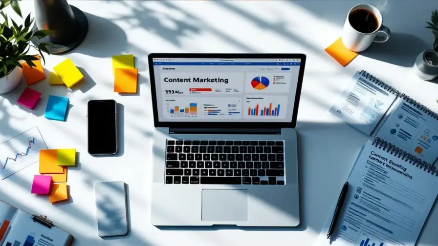Bovenaanzicht van professionele werkplek met laptop met contentmarketing dashboard, rapporten, smartphone en koffie