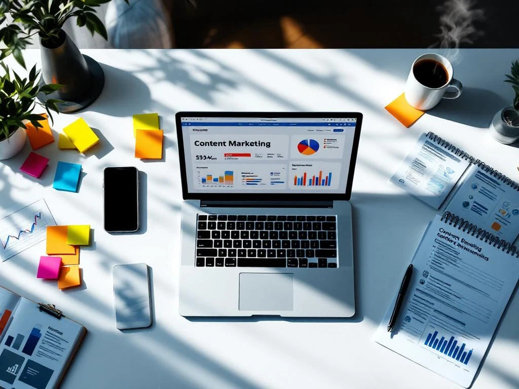 Bovenaanzicht van professionele werkplek met laptop met contentmarketing dashboard, rapporten, smartphone en koffie