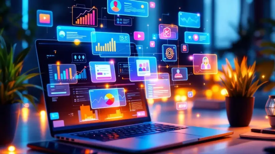 Moderne werkplek met laptop die content analytics dashboards toont, omringd door holografische content-iconen en marketingtools