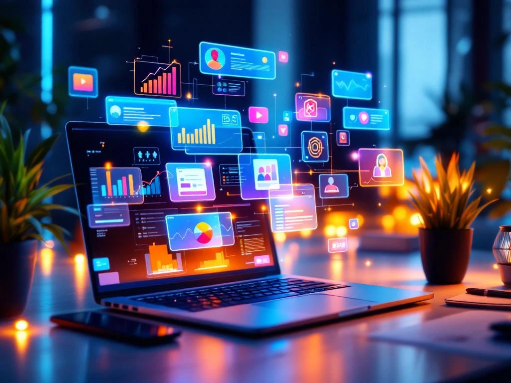Moderne werkplek met laptop die content analytics dashboards toont, omringd door holografische content-iconen en marketingtools