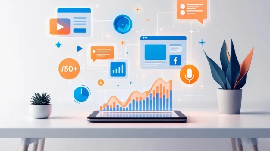 Moderne werkruimte met holografische contentformaten boven tablet met analytics, inclusief video, blog, podcast iconen