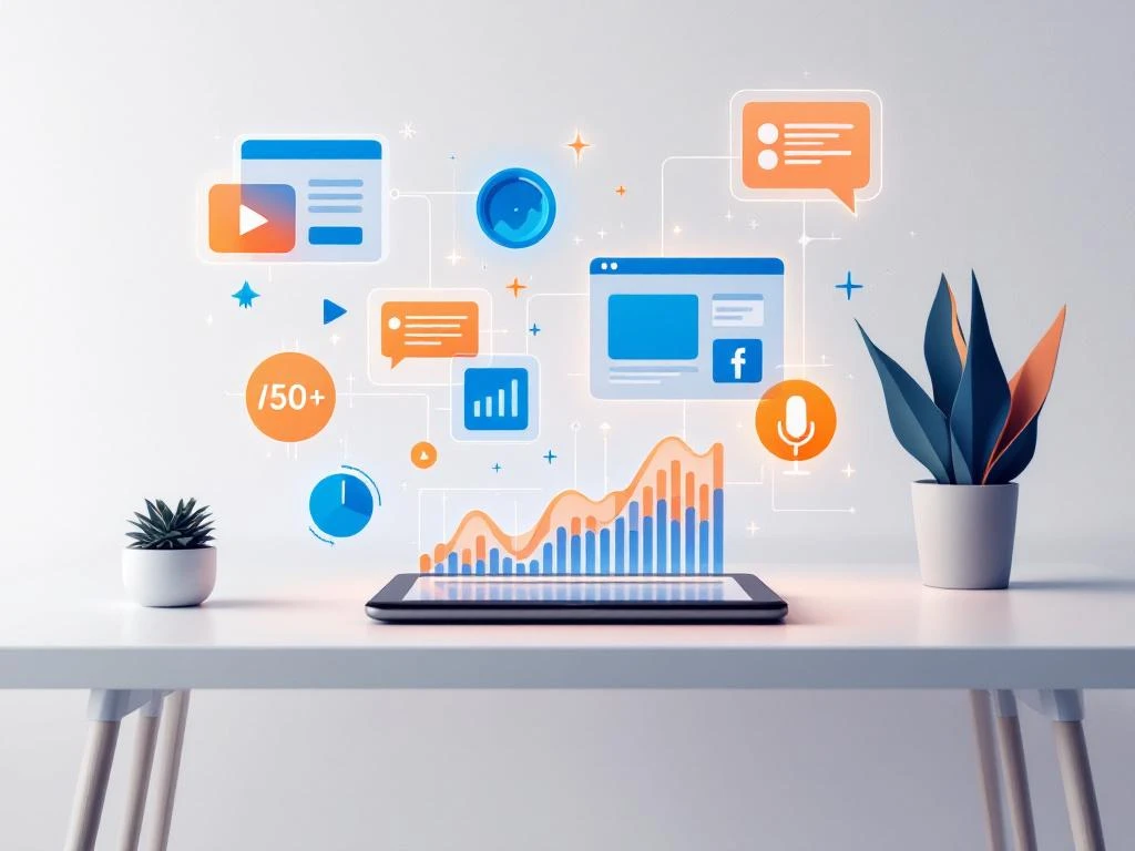 Moderne werkruimte met holografische contentformaten boven tablet met analytics, inclusief video, blog, podcast iconen