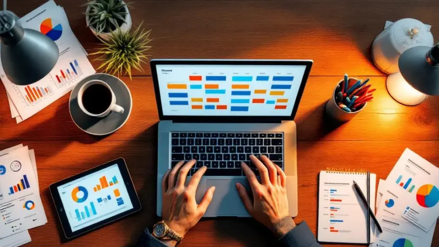 Bovenaanzicht van houten bureau met laptop, tablet, marketinganalyses, planningsborden en koffiekop voor contentmarketing