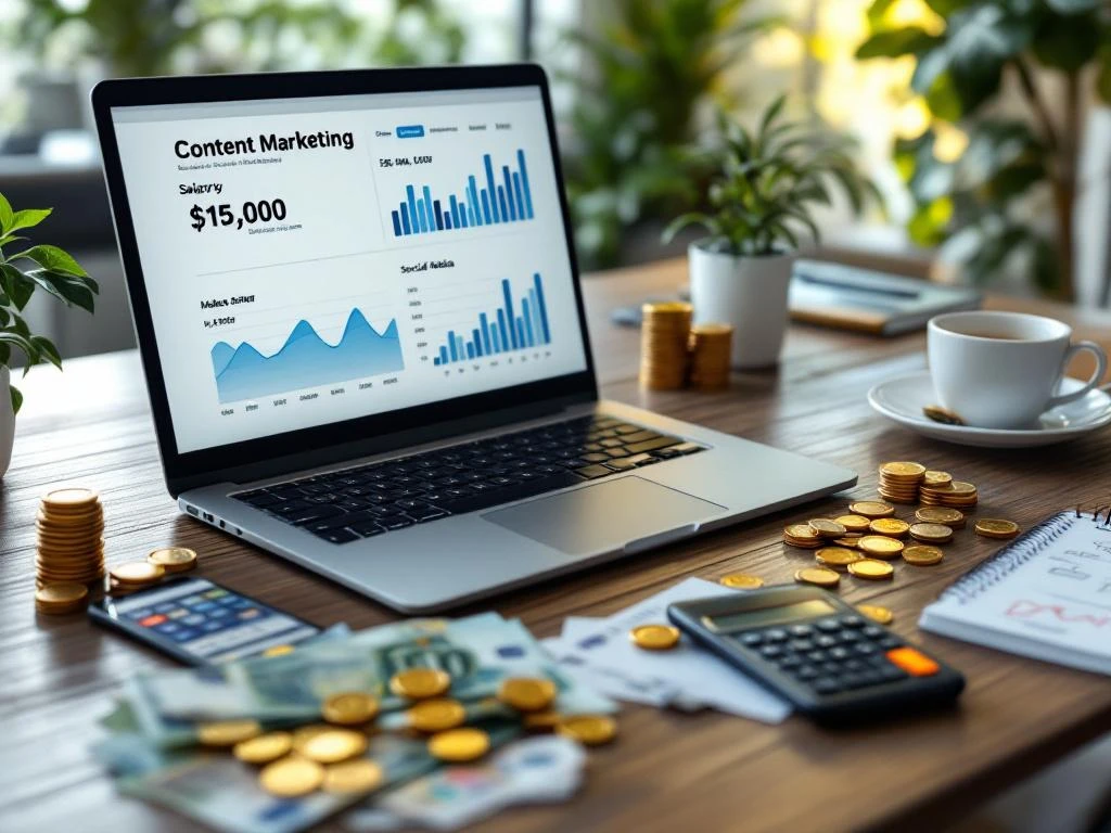 Moderne bureau met eurobiljetten, laptop met marketinganalyses, gouden munten en smartphone in professionele kantooromgeving