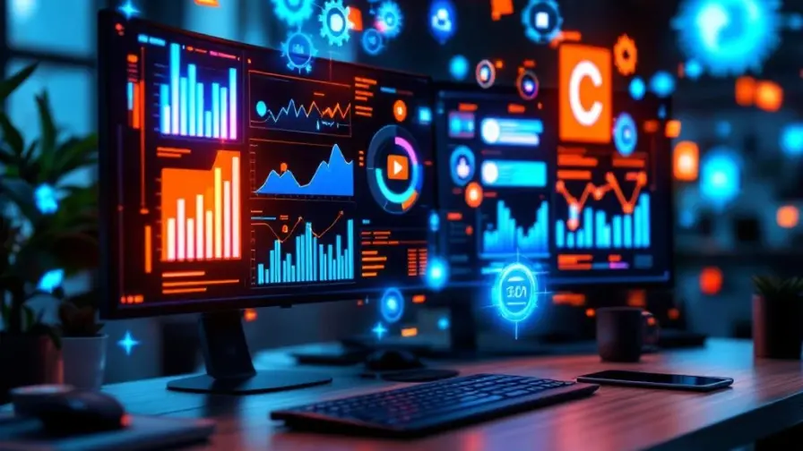 Moderne werkruimte met meerdere schermen die kleurrijke analytics grafieken en content marketing trends tonen