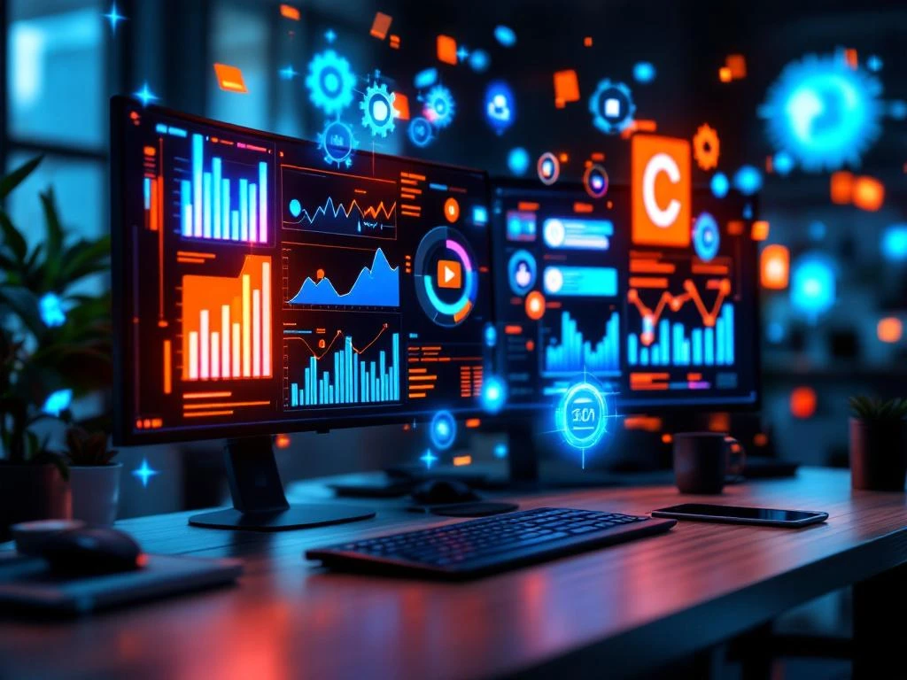 Moderne werkruimte met meerdere schermen die kleurrijke analytics grafieken en content marketing trends tonen