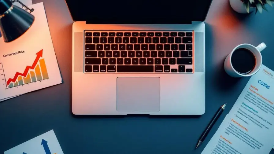 Bovenaanzicht van laptop met lege document omringd door marketinggrafieken, notities en koffiekop op georganiseerd bureau